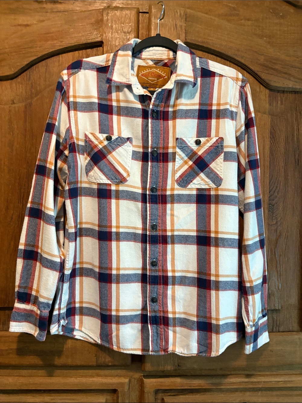 Red Camel White Plaid Button-Down Shirt with Blue & Brown Stripes